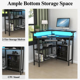 Auromie Corner Desk with Charging Station & LED Light, Triangle Corner Desk with Monitor Stand & Keyboard Tray for Small Space, Gaming Computer Desk with Storage Shelves for Home Office (Black) Auromie