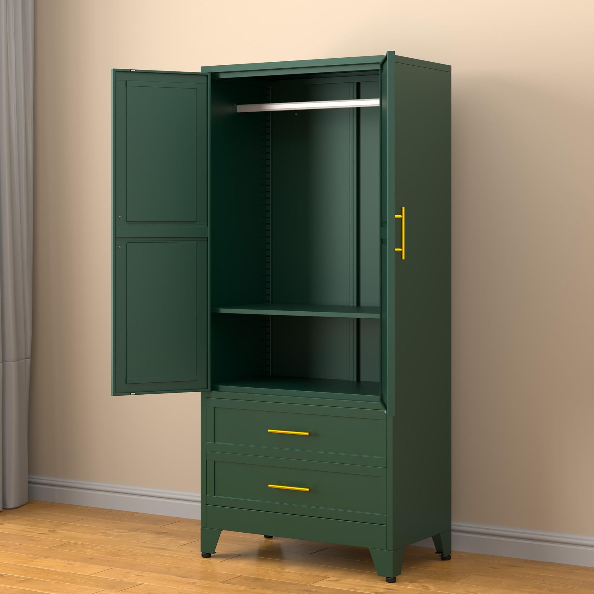 RISTERN 71” Metal Storage Cabinet with 2 Doors, 1 Adjustable Shelf and 2 Draws, Armoire Wardrobe Closet with Hanging Rods for Home Office, Bedroom, Living Room (Green) - WoodArtSupply