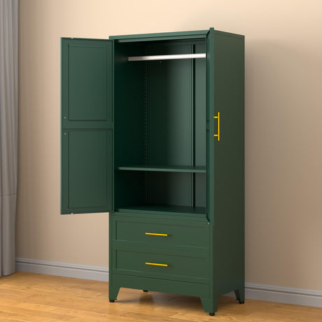 RISTERN 71” Metal Storage Cabinet with 2 Doors, 1 Adjustable Shelf and 2 Draws, Armoire Wardrobe Closet with Hanging Rods for Home Office, Bedroom, Living Room (Green) RISTERN