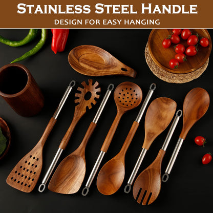 10 PCS Wooden Spoons for Cooking, Spoons and Spatula Set with Stainless Steel Handle, Teak Wooden Utensils Set with Holder & Spoon Rest, Kitchen Utensils for Non-Stick Cookware