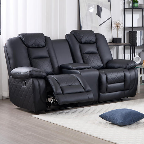 EBELLO Faux Leather Manual Loveseat Recliner Sofa, 2 Seat Reclining Couch Chair with Center Console, Hidden Storage and Cup Holders, Home Theater Seating for Living Room, Black (Loveseat) EBELLO