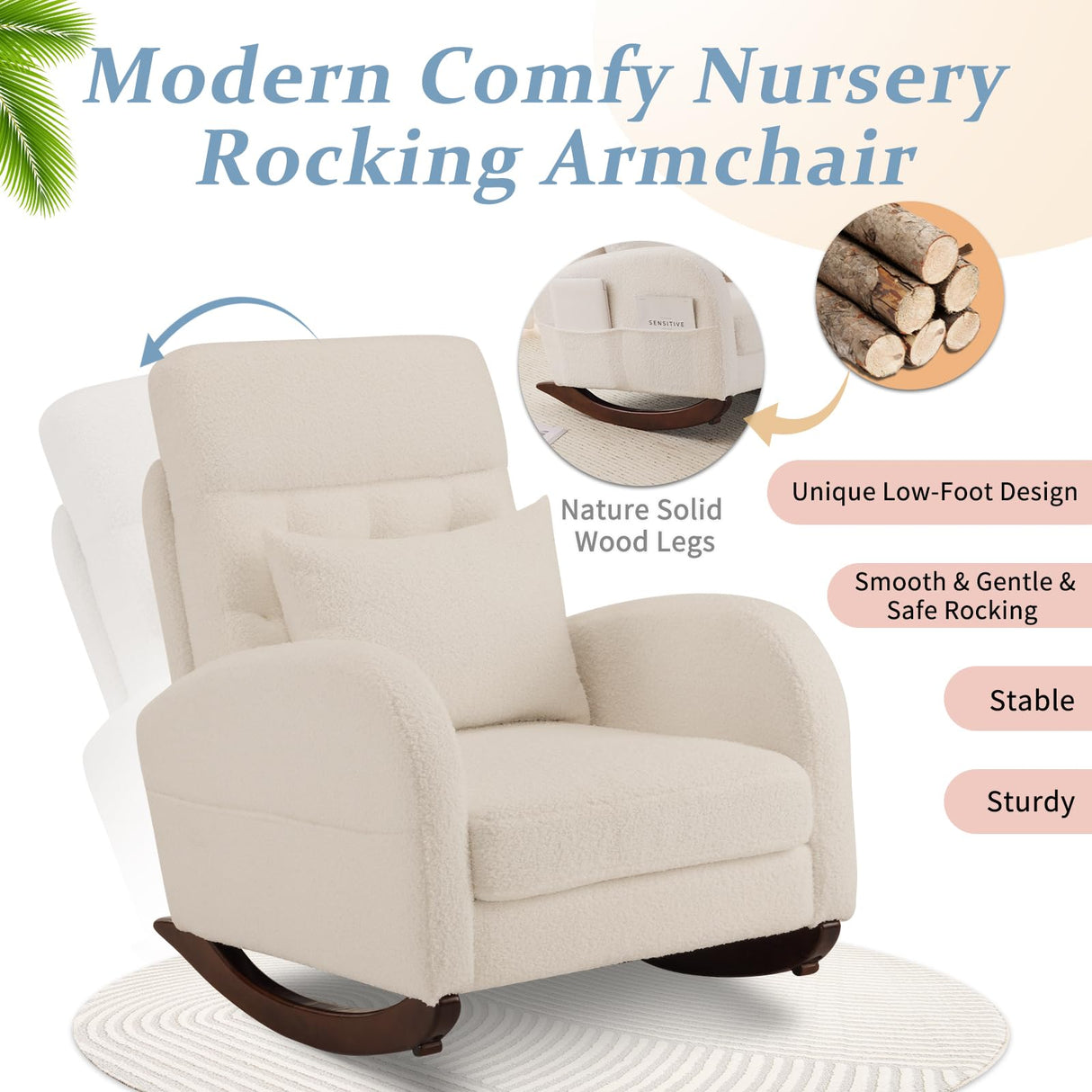 VINGLI Teddy Fleece Low Seat Rocking Chair,Boucle Upholstered Nursery Glider Chair with Side Pockets,Accent Arm Chair with High Backrest,Comfy Head Rest,Solid Wood,for Living Room, Bedroom,Beige VINGLI