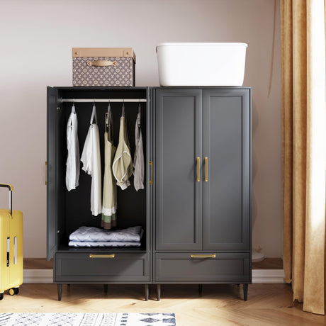 ALBSL Bedroom Armoire Wardrobe Closet with Hanging Rod,60" 2 Door Almirah for Clothes with Drawers,Morden Storage Cabinet,Black ALBSL