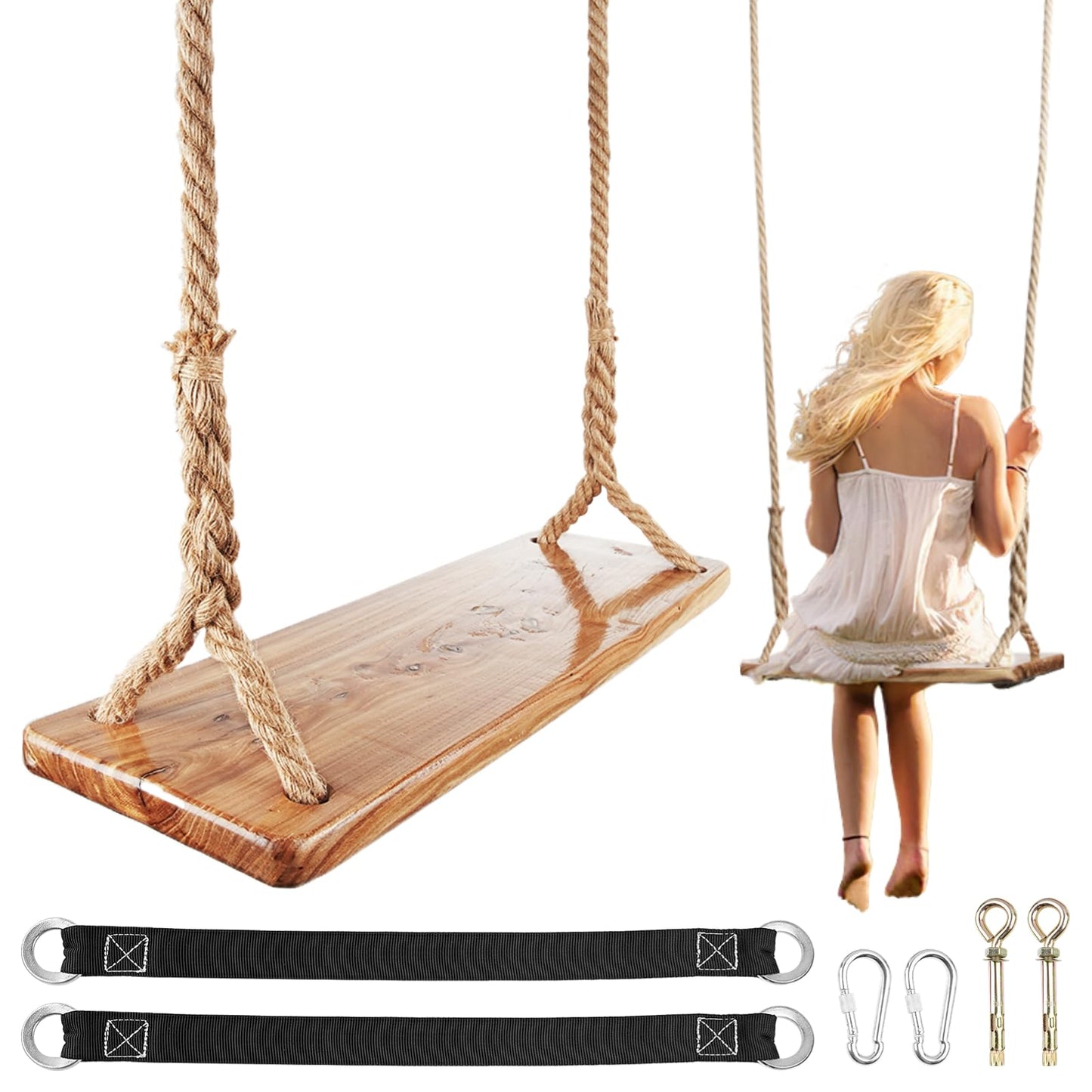 Wooden Tree Swing, 500lbs Load Capacity Heavy-Duty Wooden Swing for Adults & Kids, Waterproof Hanging Swing Seat with Adjustable Height for Indoor & Outdoor - WoodArtSupply