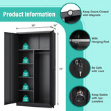 Wide & Deep Metal Storage Cabinet with Hanging Rod,Black Broom Closet Storage Cabinet with Lock,72" Tall Wardrobe Cabinets with Doors and Shelves,Locking Steel Tool Cabinets for Home,Office,Garage SISESOL