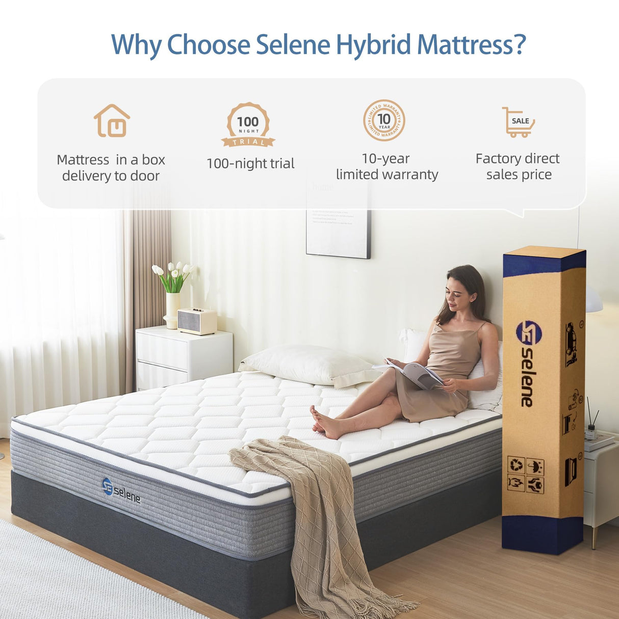 Selene Bedding King Size Mattress, 10 Inch King Mattress with Pocket Spring and Memory Foam for Pressure Relief, Motion Isolation, Edge Support, Medium Firm Mattress in a Box, CertiPUR-US, Grey Selene Bedding