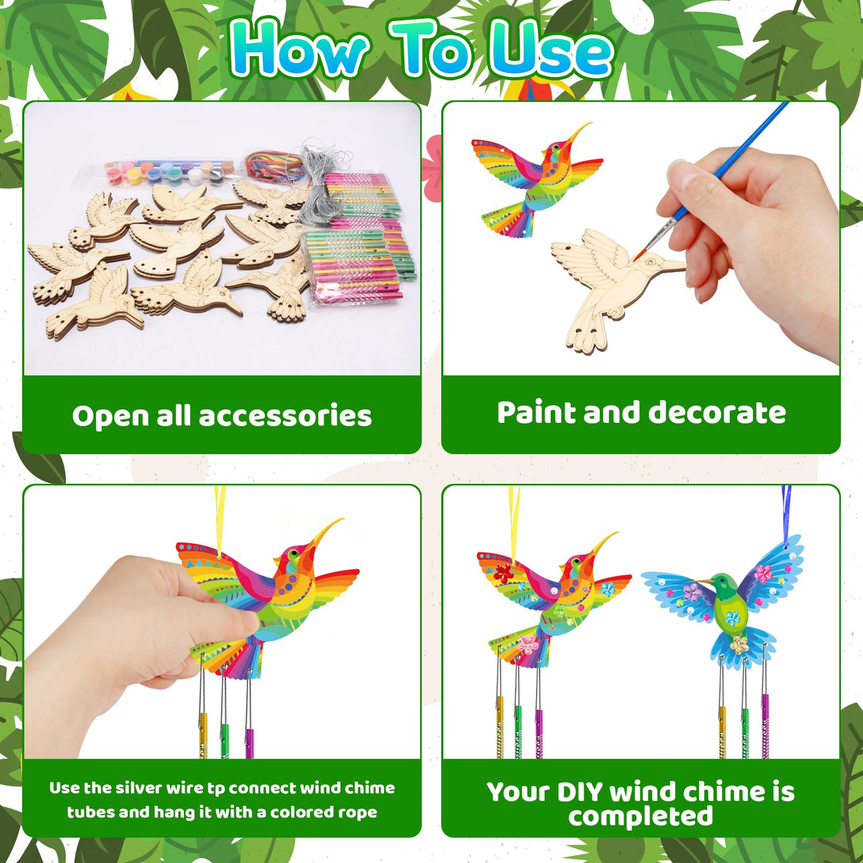 Fennoral 27 Pack Hummingbird Wind Chime Craft Kit for Kids Make Your Own Hummingbird Craft Wooden Ornaments for Girls and Boys DIY Crafts Activity Birthday Spring Summer Decoration Fennoral