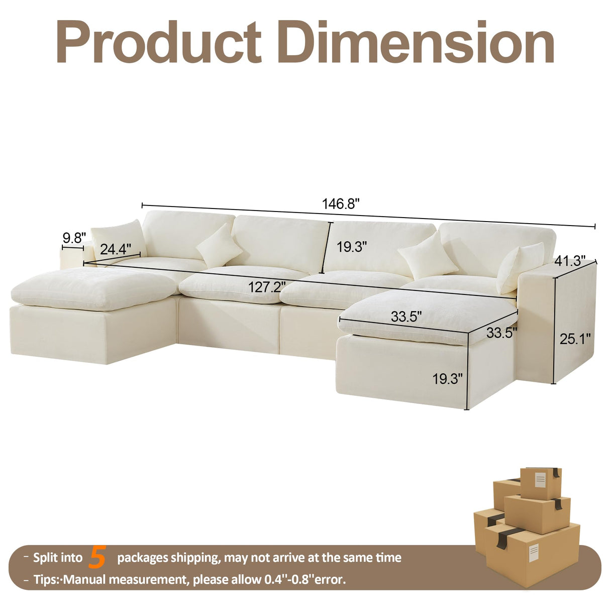 155''Cloud Boneless Sectional Couch, Modular Sectional Sofa Deep Seat with 2 Ottomans, Oversized Upholstered Convertible Comfy 6 Seater Chenille Sofa U Shape Couches for Living Room, Beige WUTUTUEE