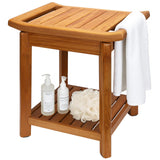 17" Teak Shower Chair with Storage Shelf & Handle, Non-Slip Waterproof Wooden Shower Bench, Stable Bathroom Seat and Heavy Duty Shower Stool for Tub or Indoor Use, Ideal for Elderly, Recovery ACTESE