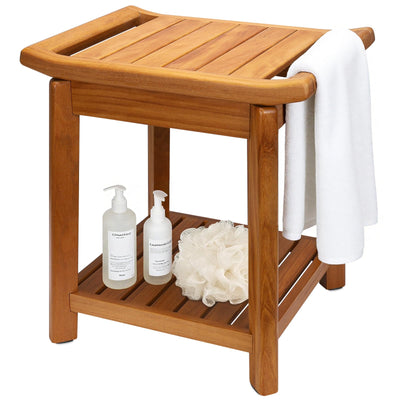 17" Teak Shower Chair with Storage Shelf & Handle, Non-Slip Waterproof Wooden Shower Bench, Stable Bathroom Seat and Heavy Duty Shower Stool for Tub or Indoor Use, Ideal for Elderly, Recovery