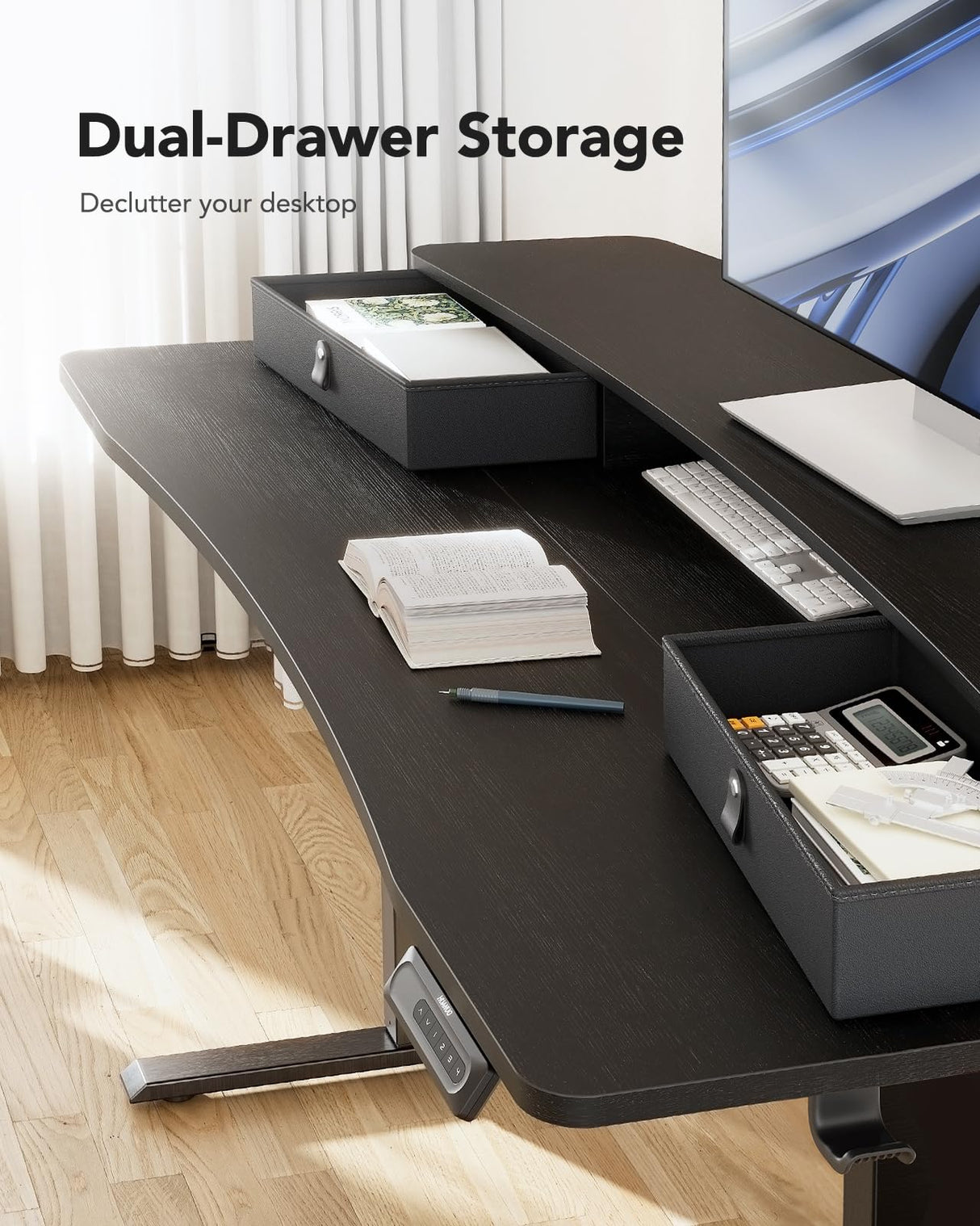 HUANUO 48″ x 24″ Electric Standing Desk with 2 Drawers, C-Clamp Mount Compatible, Height Adjustable Computer Desk, Home Office Stand Up Desk with 4 Preset Heights & 2 Hooks, Black HUANUO