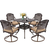 Grepatio 5 Piece Cast Aluminum Patio Dining Set Outdoor Furniture Set with 4 Mesh Swivel Rocker Ding Chairs, 4 Khaki Cushions and 35.4" Square Patio Table 2.4" Umbrella Hole, Antique Bronze Grepatio