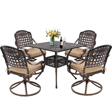 Grepatio 5 Piece Cast Aluminum Patio Dining Set Outdoor Furniture Set with 4 Mesh Swivel Rocker Ding Chairs, 4 Khaki Cushions and 35.4" Square Patio Table 2.4" Umbrella Hole, Antique Bronze Grepatio