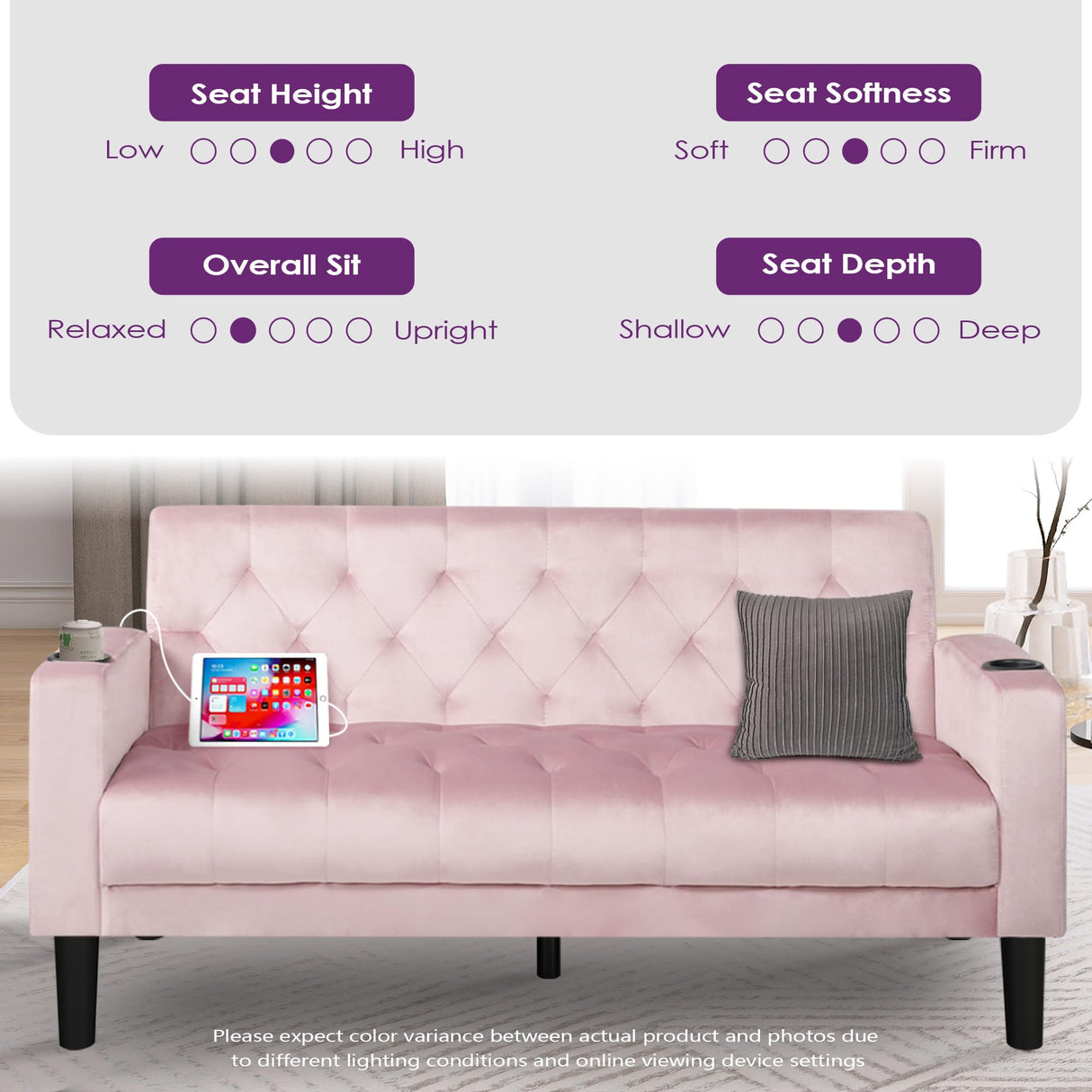 TYBOATLE 62" W Loveseat Sofa w/ 2 USB Charger Ports and 2 Cupholders, Mid-Century Modern Tufted Linen Fabric Small Love Seat Couches for Compact Living Room, Bedroom, Apartment, Dorm (Pink) TYBOATLE