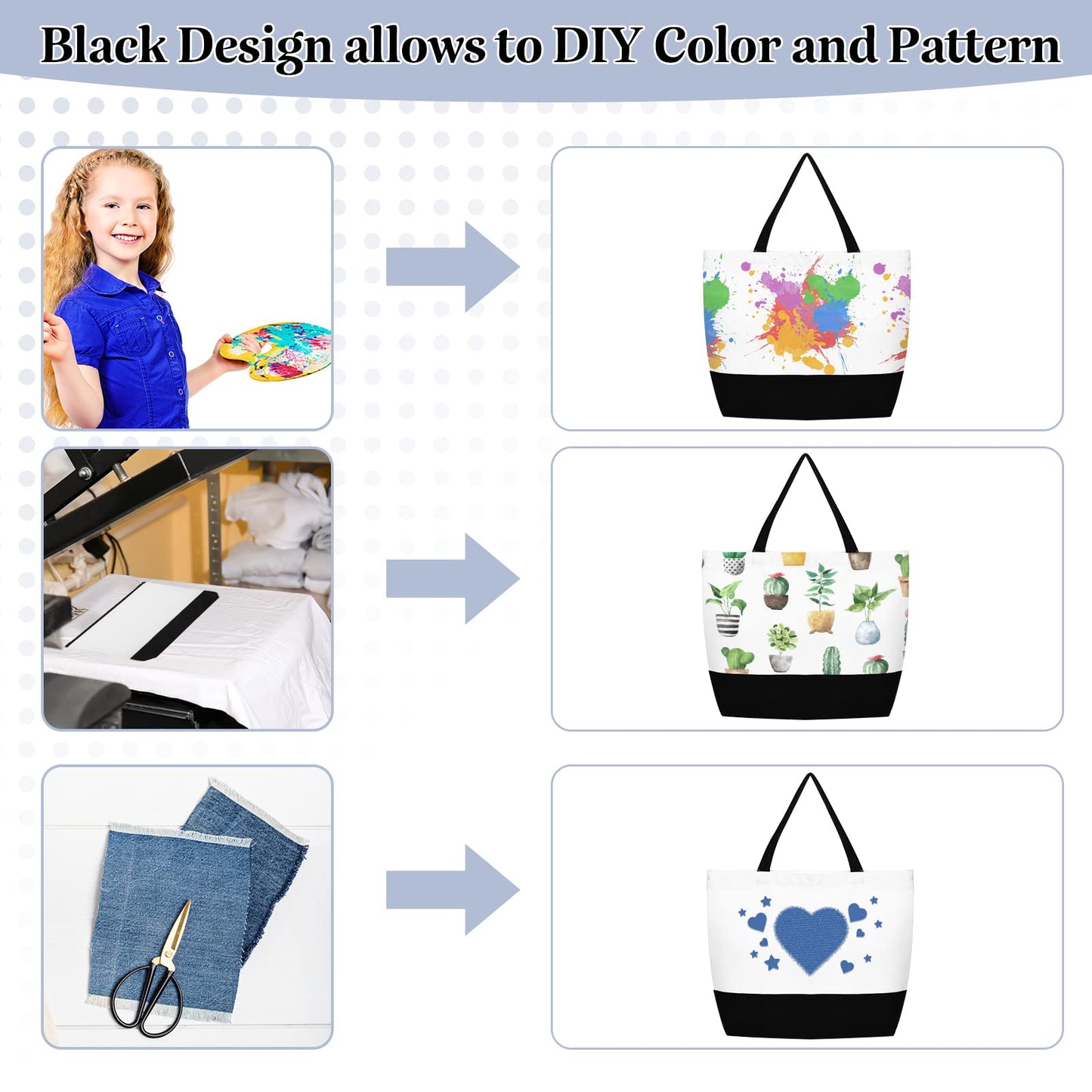 50 Pieces Large Canvas Tote Bags Reusable Grocery Cloth Bags Sublimation Tote Bags Blank Plain Bulk Bags with Zipper Cotton Tote Bag Black White for DIY Crafts for Shopping Women Employee Teachers