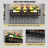 Pengfei LED Wine Rack Wall Mounted, Industrial Metal Wall Wine Shelf & Glass Holder, Large Floating Shelves Wine Bottle Storage Display Rack for Home Bar Dining Room Decor, Black Pengfei