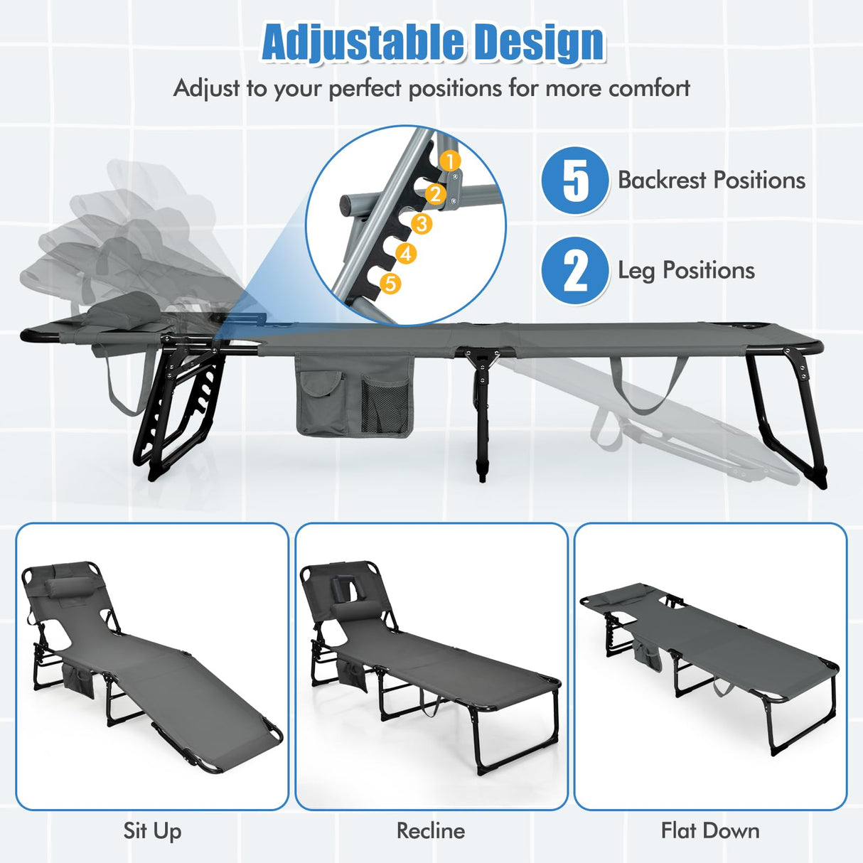 COSTWAY Folding Beach Lounge Chair, Tanning Chair with Face Hole, 5-Position Adjustable Backrest, Pillow & Side Pocket, Foldable Chaise Lounge Chair Outdoor for Sunbathing, Camping (1, Grey) COSTWAY