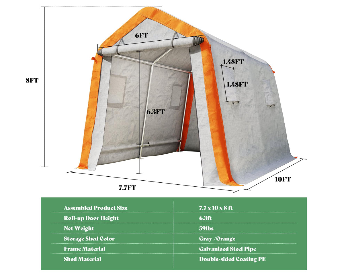 AMERLIFE 8x10x8 FT Heavy Duty Portable Shed Storage Shelter, Outdoor Storage Shed with 4 Waterproof Windows & Roll-up Zipper Door, Carport for Motorcycle, Bike, Grey AMERLIFE