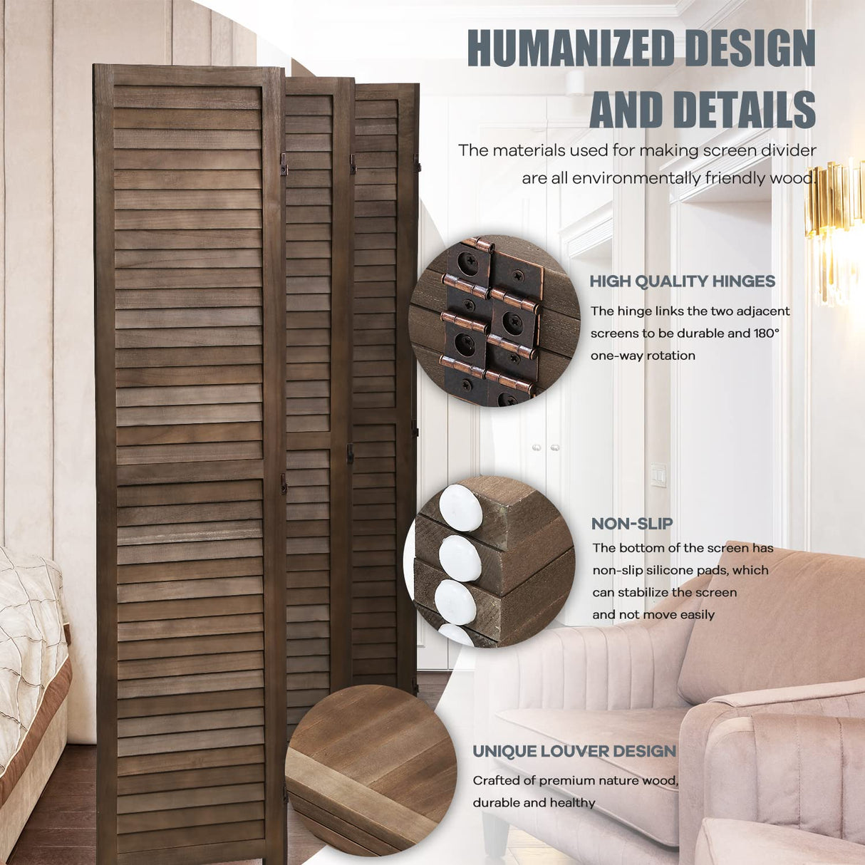 Room Divider 6 Panels, 5.75FT Wooden Room Divider Wall Folding Privacy Screens Freestanding Partition for Home Office Bedroom NChanmar