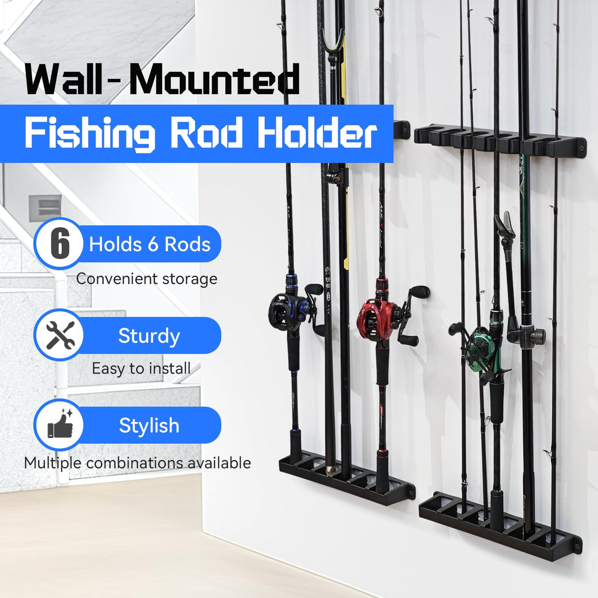 Tcakelox Fishing Rod Holder for Garage Fishing Pole Holders Fishing Rod Rack Vertical Wall-Mounted for Garage Stores 6 Rods or Combos Fits Most Rod Diameters (Vertical Black, 1 Pair) Tcakelox
