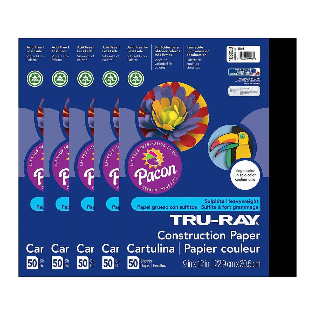 Tru-Ray 9-inch x 12-inch Construction Paper, Black, 50 Sheets/Pack, 5 Packs/Bundle (PAC103029-5) Tru-Ray