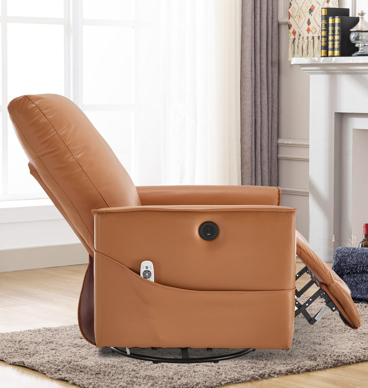 Power Swivel Recliner Chair with Massage Heat USB Port, Extra Wide Lay Flat Recliners Massaging Chair, Oversized Electric Leather Recliner Chair for Adults, Orange KCQ