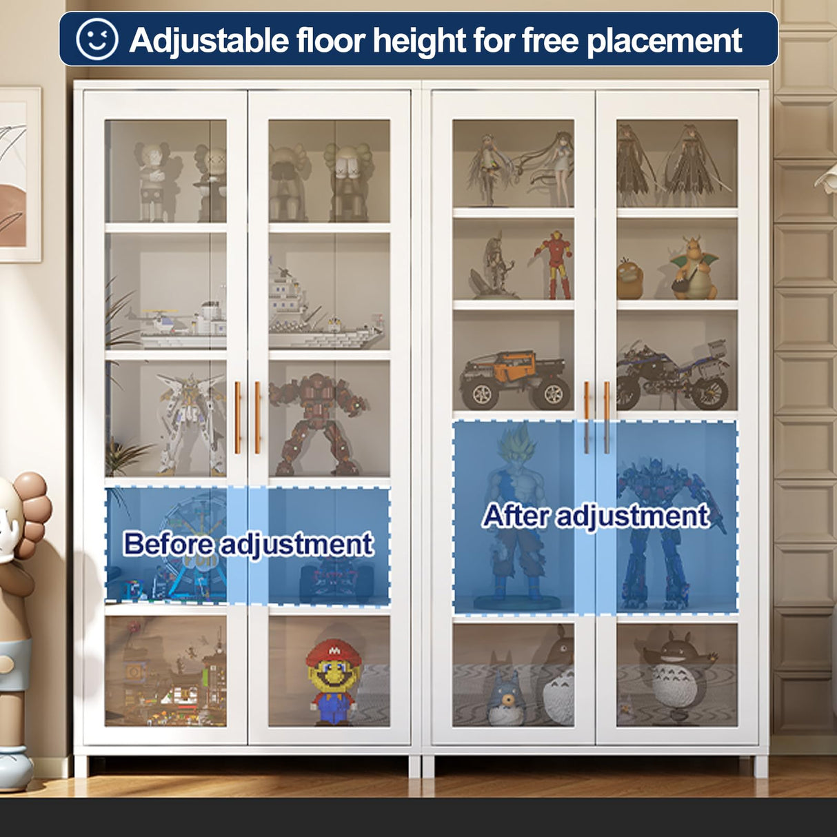 Display Cabinet with Glass Doors, 5-Tier Curio Cabinet with 4 Adjustable Shelves for Collectibles Toy Organizers Rack & Display Shelf, Kids Bookcase for Bedroom, Reading Nook, Living Room (White) YGWBGA