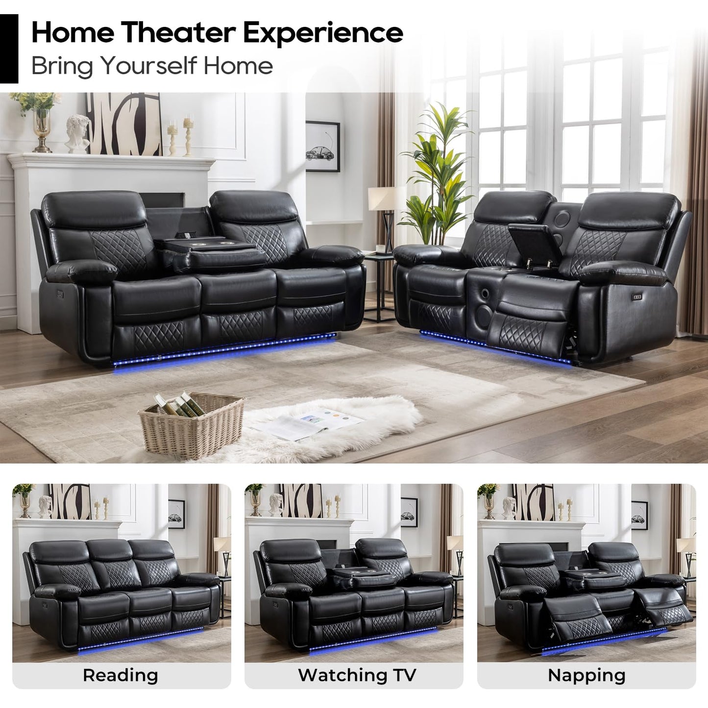 Power Recliner Sofa Set with Bass Speakers for Living Room, Leather 3 Seater Reclining Sofa and Loveseat Seating Couch With Wireless Charger, LED Lights, Home Theater Love seat Sets With Console,Black