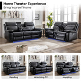 Power Recliner Sofa Set of 2 Piece with Bass Speakers for Living Room,Faux Leather Electric Zero Gravity 3 Seater Reclining Couch with Wireless Charger and Loveseat Theater Chair with LED Lights,Black Comfort Stretch