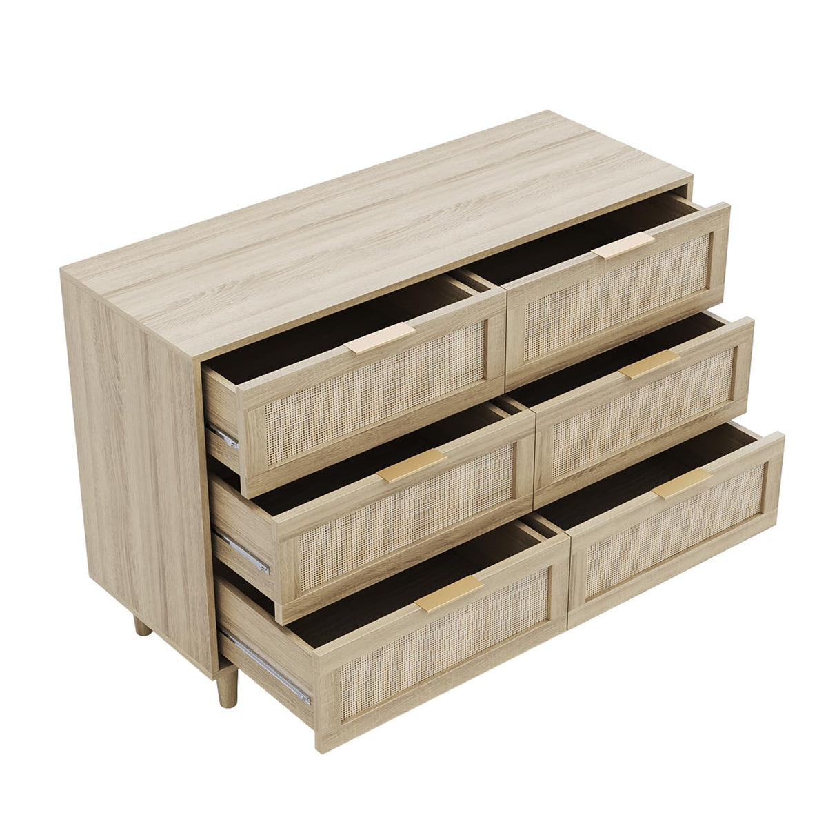 Angel Sar Rattan Dresser for Bedroom, 6 Drawer Wide Dresser, Boho&Farmhouse Chest of Drawers, 43" Clothes Storage Cabinet, Metal Handle&Wood Legs for Hallway, Living Room, Bedroom, Wood Angel Sar