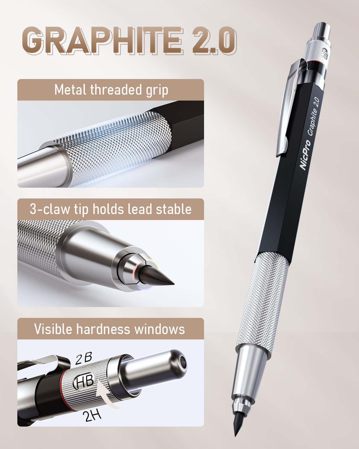 Nicpro 30PCS Art Mechanical Pencil Set in Leather Case, Metal Drafting Pencil 0.5 mm, 0.7 mm, 0.9 mm & 3 PCS 2mm Lead Holders for Sketching Drawing With 16 Tube (6B 4B 2B HB 2H 4H Colors) Lead Refills Nicpro