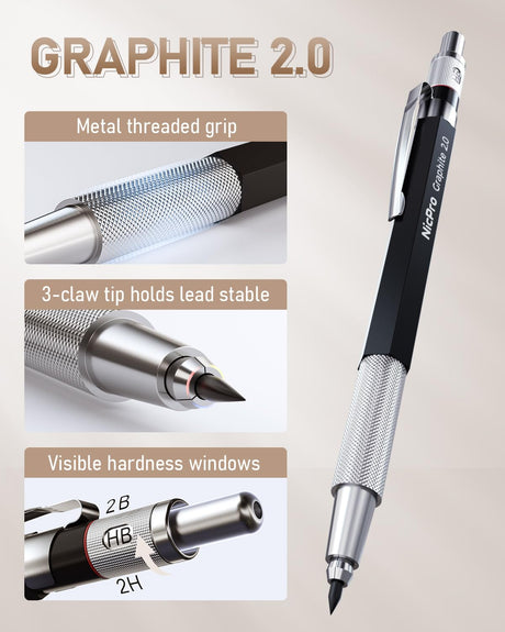 Nicpro 30PCS Art Mechanical Pencil Set in Leather Case, Metal Drafting Pencil 0.5 mm, 0.7 mm, 0.9 mm & 3 PCS 2mm Lead Holders for Sketching Drawing With 16 Tube (6B 4B 2B HB 2H 4H Colors) Lead Refills Nicpro