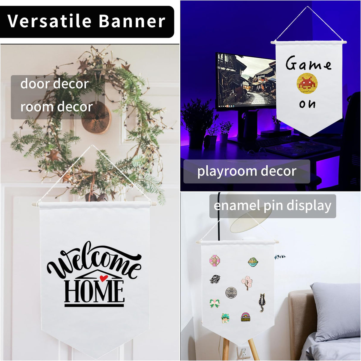 Wall Hanging Canvas Banners, 5 Pack Sublimation Blank Fabric Pennant Flag Plain Wall Decor Display for Play Room Sign, Boy & Girl Bedroom, Pin Organizer Wall Banner for Enamel Lapel Badge Collection HeKimLee