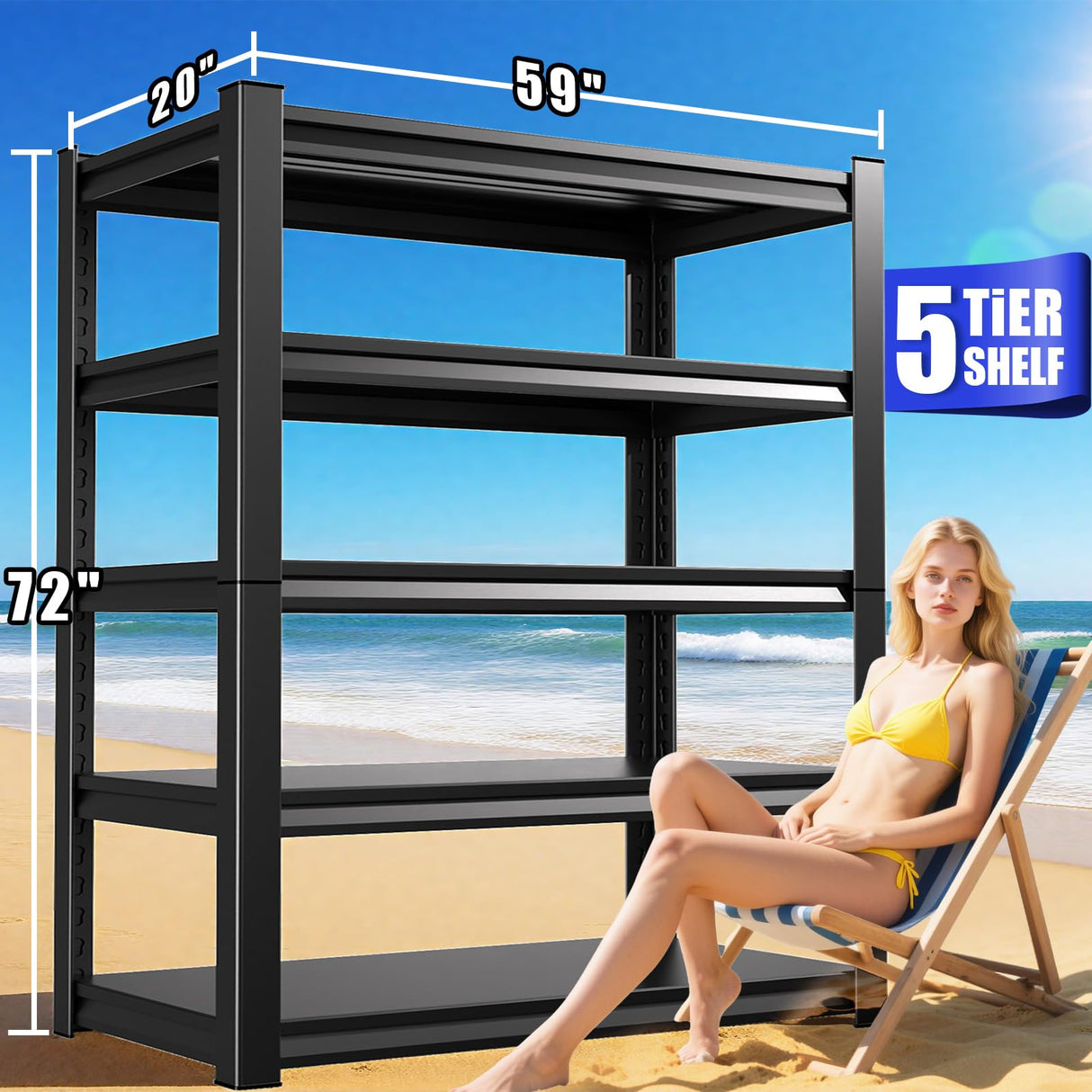 PKDYEZ Garage Shelving 5-Tier Adjustable Metal Garage Shelves Heavy Duty Unit,3000 LBS Steel Shelf Storage Rack Suitable for Industries,Warehouses,Basement,Black (72''H x 59''W x 20''D) PKDYEZ