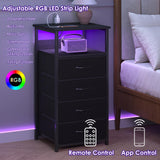 Fixwal Night Stand with Charging Station, LED Dresser for Bedroom Tall Nightstand with USB Ports and Outlets, 4 Fabric Storage Drawers with PU Finish, Bed Side Table, Black Fixwal