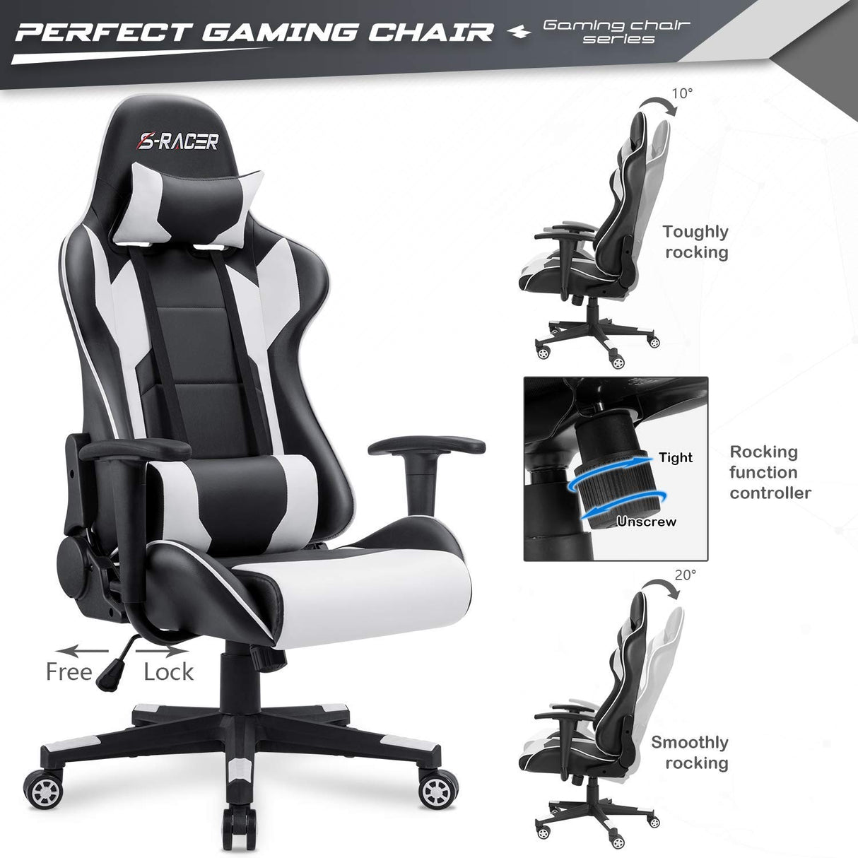Furniwell Gaming Chair PU Leather Office Chair High Back Computer Chair Desk Chair Adjustable Swivel Racing Executive Leather Ergonomic Task Chair with Headrest and Lumbar Support (White) Furniwell