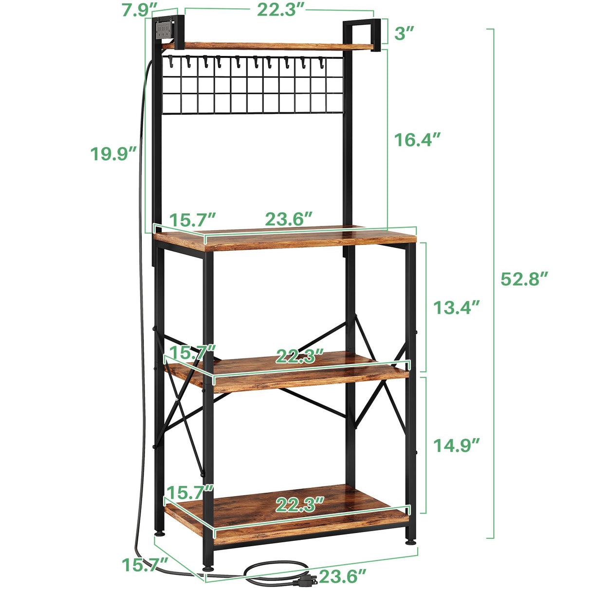 Bakers Rack with Power Outlet, Kitchen Shelves Microwave Stand with Wire Grid and 10 Hooks, 4 Tiers Coffee Stand (Rustic Brown, 23.5 x 15.6 x 52.8 Inches) SNTD