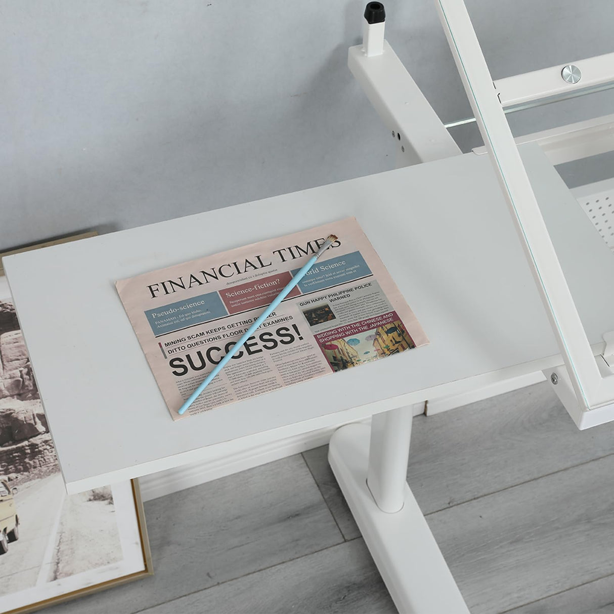 Hand Adjustable Height Drafting Table Artist Drawing Table Multifunctional Art Craft Artists Desk Tilting Glass Tabletop Glass Topped Art Desk Work Station With Stool and Chair for Home Office White CuisinSmart