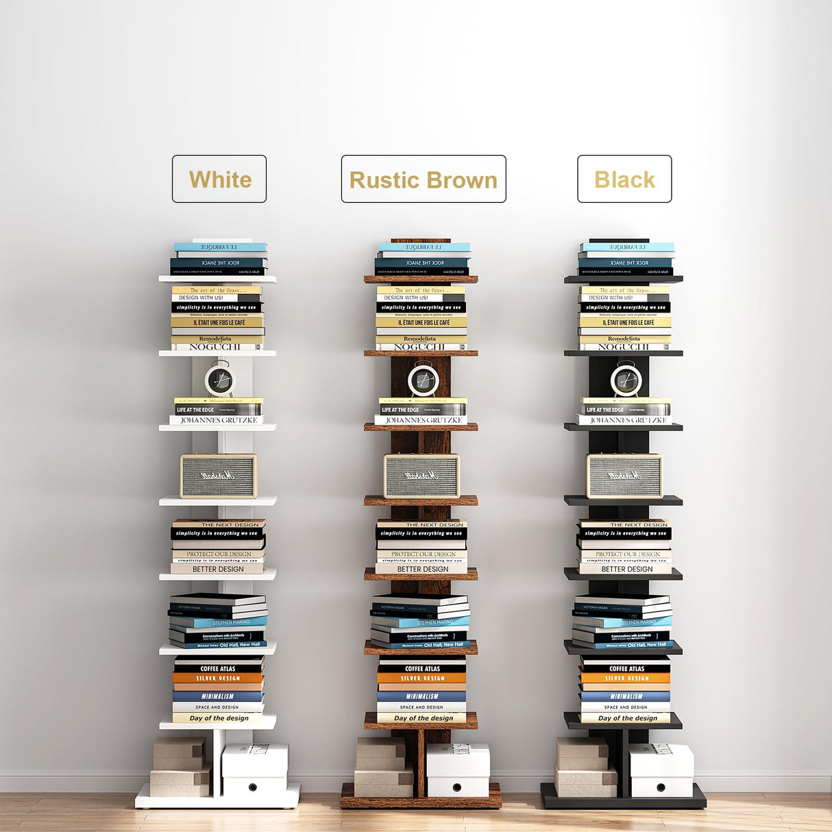 TUTOTAK Vertical Bookshelf, 8-Tier Bookcase, Narrow Spine Book Shelf for Small Space, Corner Standing Shelf for Living Room, Office, Study, Entryway, Rustic Brown BS06BB008 TUTOTAK