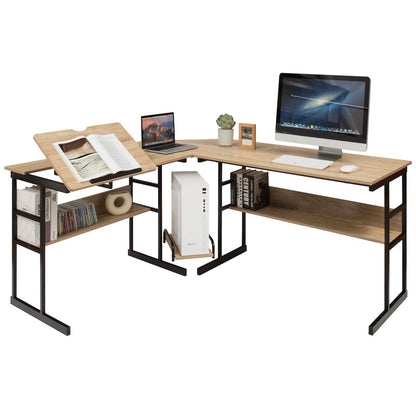 Tangkula 67 Inches L-Shaped Office Desk, Corner Computer Desk with Bottom Bookshelves & CPU Stand, Drafting Drawing Table with Tiltable Desktop, Corner Computer Workstation Home Office Desk - WoodArtSupply