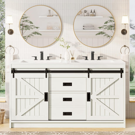 AMERLIFE 61" Farmhouse Double Bathroom Vanity with Sink Combo, Dual Basin Bathroom Storage Cabinet with Sliding Barn Doors & Drawers, Large Double Bath Vanity Sink Set, Rustic White AMERLIFE