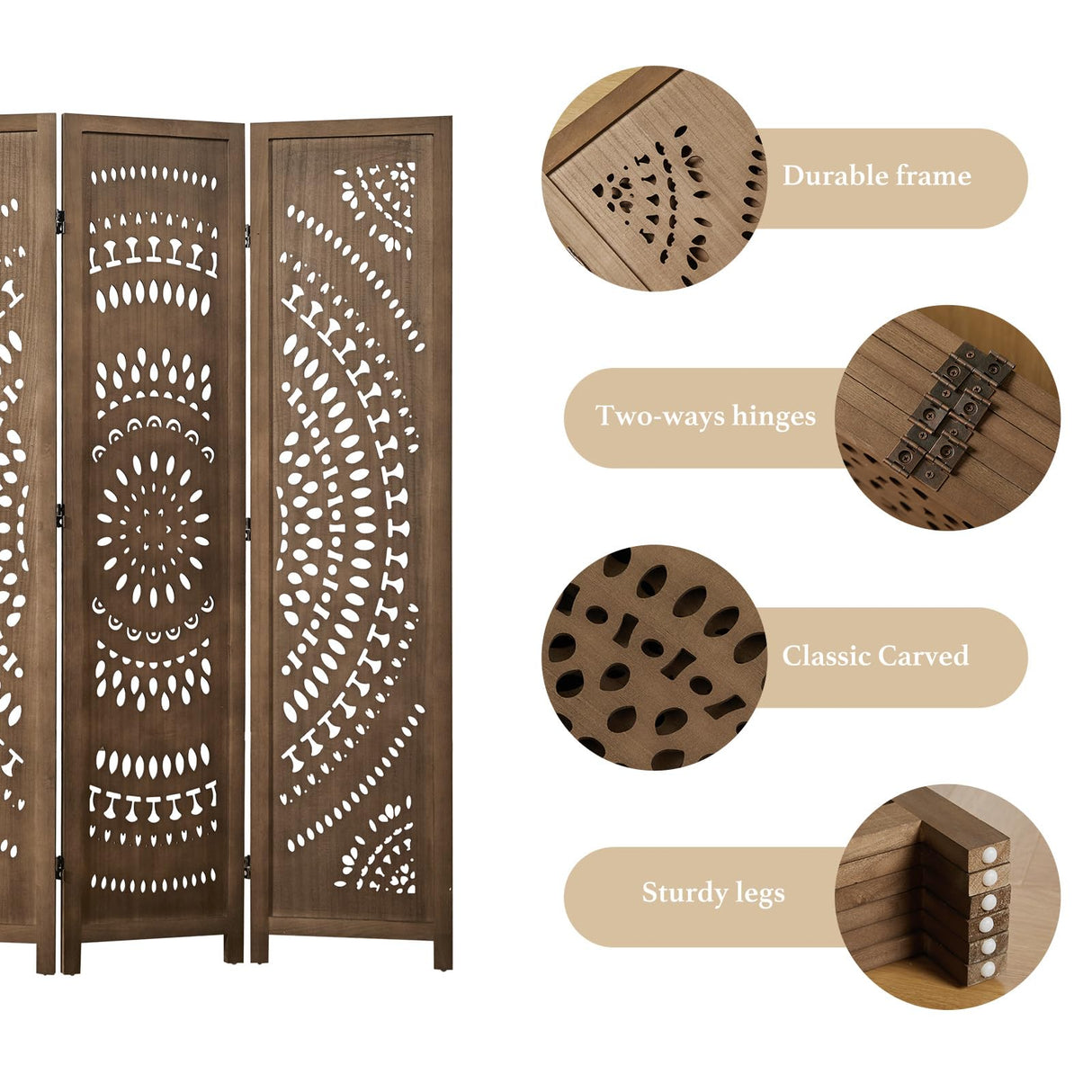 66.9Inch Folding Room Divider, 6 Panels Wood Carved Privacy Screens Free Assembled Freestanding Partition for Bedroom Home Office (Brown) Svimi