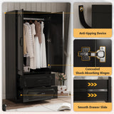 Swpormundo Wardrobe Closet with Drawers and Hanging Rod, 70" Wooden Wardrobe Closet with 2 Doors and 2 Drawer, Armoire Clothing Storage Cabinets with Smooth Slide for Bedroom, Dorm, Cloak Room (Black) Swpormundo