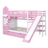SIYSNKSI Full-Over-Full Castle Style Bunk Bed with 2 Drawers and 3 Shelves, Wood Bunk Bed Frame with Slide and Storage Staircase for Kids Teens Boys Girls, Maximize Space Savings SIYSNKSI
