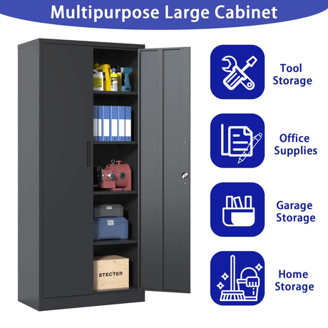 PBOGHLRD 72 Inch Tall Metal Storage Cabinet, Black Garage Tool Steel Locking Cabinet with 4 Adjustable Shelves, File Cabinet for Home Office, PBOGHLRD