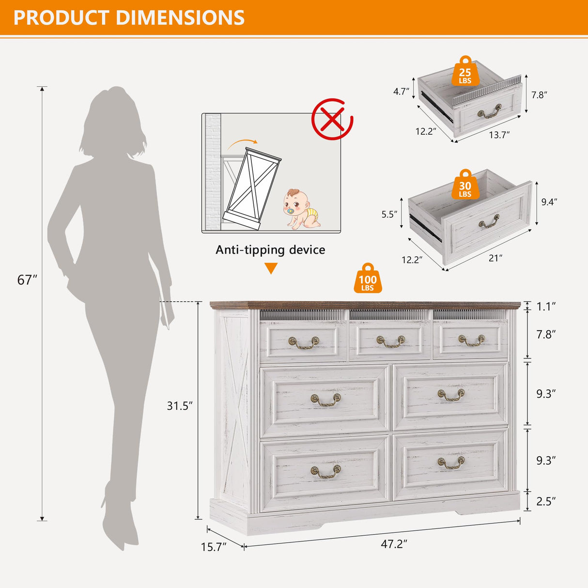 Farmhouse 7 Drawers Dresser for Bedroom, Large Chest of Drawers with Hidden Storage, Tall Dresser with LED Lights, Wood Dressers Organizer for Living Room, Closet, Hallway, Antique White TAGELIER