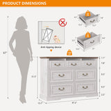 Farmhouse 7 Drawers Dresser for Bedroom, Large Chest of Drawers with Hidden Storage, Tall Dresser with LED Lights, Wood Dressers Organizer for Living Room, Closet, Hallway, Antique White TAGELIER