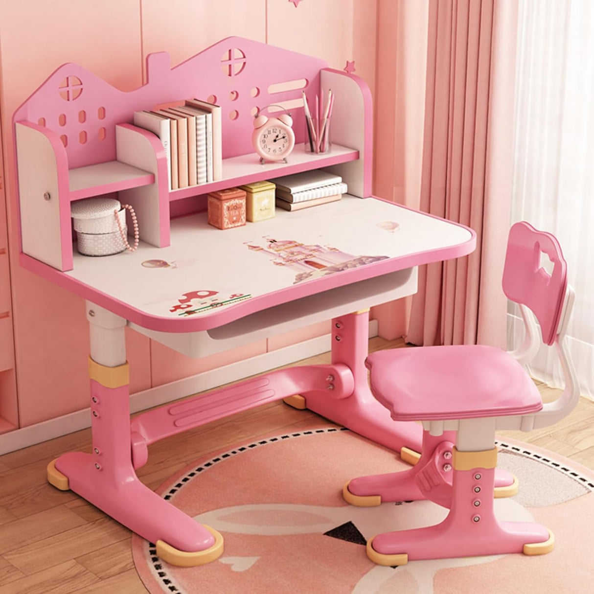 LEAQU Kids Desk and Chair Set, Study Table and Chair, Desk for Kids, Children's Desks with Golden Distance Design, Homeschooling Writing Desk with Desktop for Boys and Girls (Pink 4) LEAQU