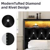 HOMBCK King Size Bed Frame with LED Lights and Storage Headboard, Velvet Upholstered Bed Frame King with Charging Station, Modern Diamond and Rivet Design, No Box Spring Needed, Easy Assembly, Black HOMBCK