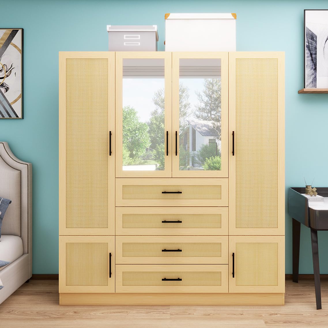 TrendTerrace Natural Rattan Armoire Wardrobe Closet Wood with 4 Doors 4 Drawers 2 Mirrors Hanging Rod and Shelves Large Clothes Storage Cabinet for Bedroom Pantry 62.99''W x 18.9''D x 70.86''H TrendTerrace